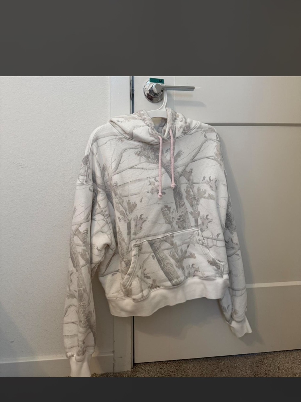 Women's White & Gray Camo Hoodie Sweater with Pink Drawstrings